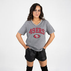 San Francisco 49ers Gameday Couture Women's Relaxed Iconic Edge Rhinestone V-Neck T-Shirt Gray