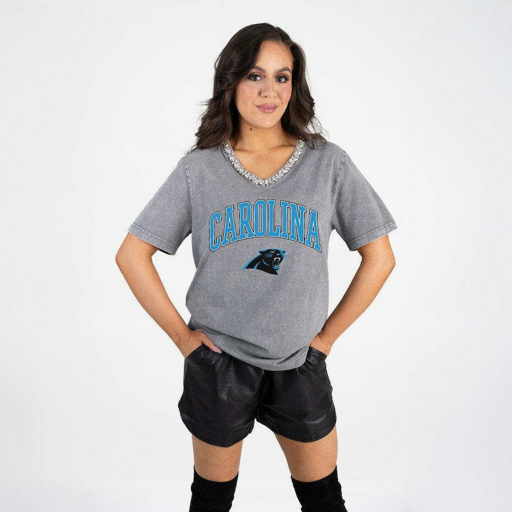 Carolina Panthers Gameday Couture Women's Relaxed Iconic Edge Rhinestone V-Neck T-Shirt Gray