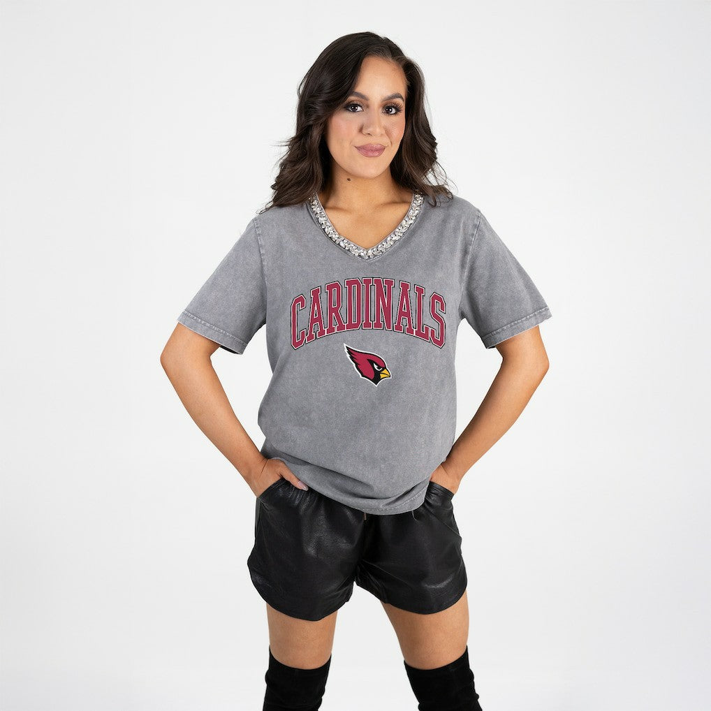 Arizona Cardinals Gameday Couture Women's Relaxed Iconic Edge Rhinestone V-Neck T-Shirt Gray