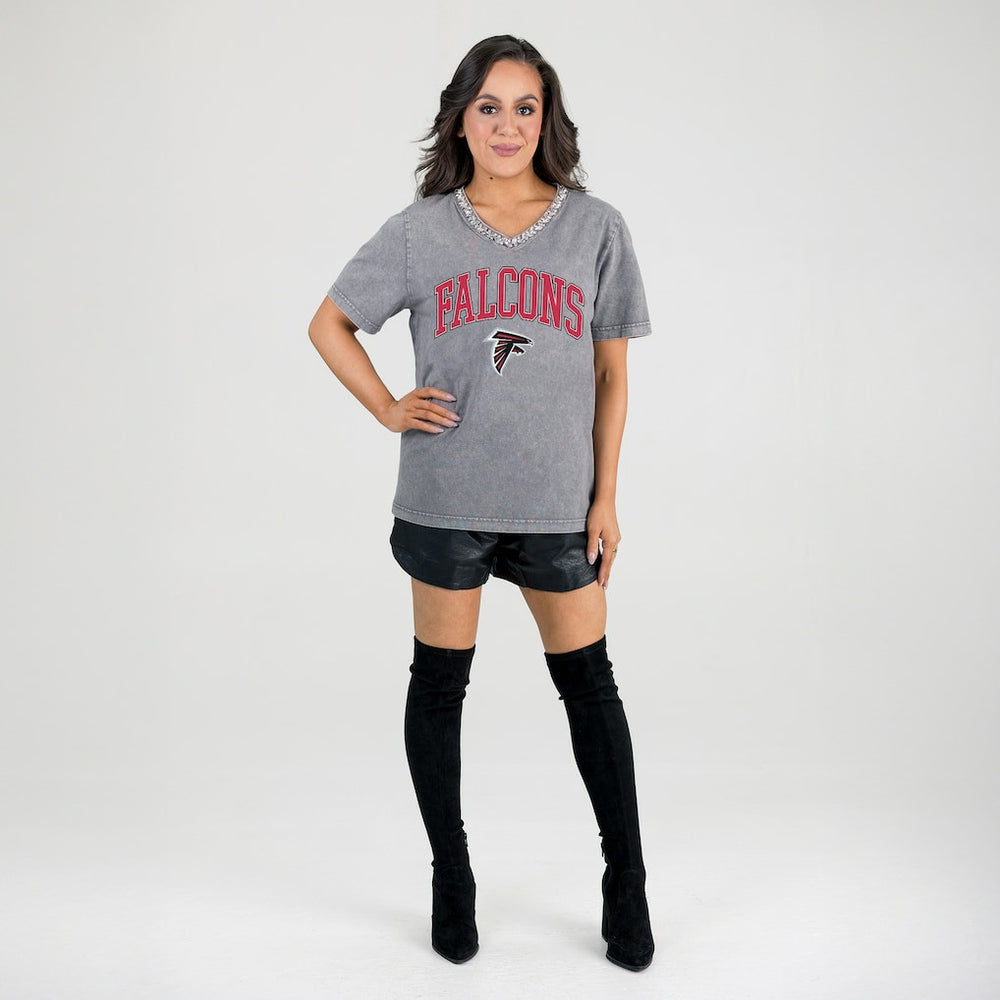 Atlanta Falcons Gameday Couture Women's Relaxed Iconic Edge Rhinestone V-Neck T-Shirt Gray