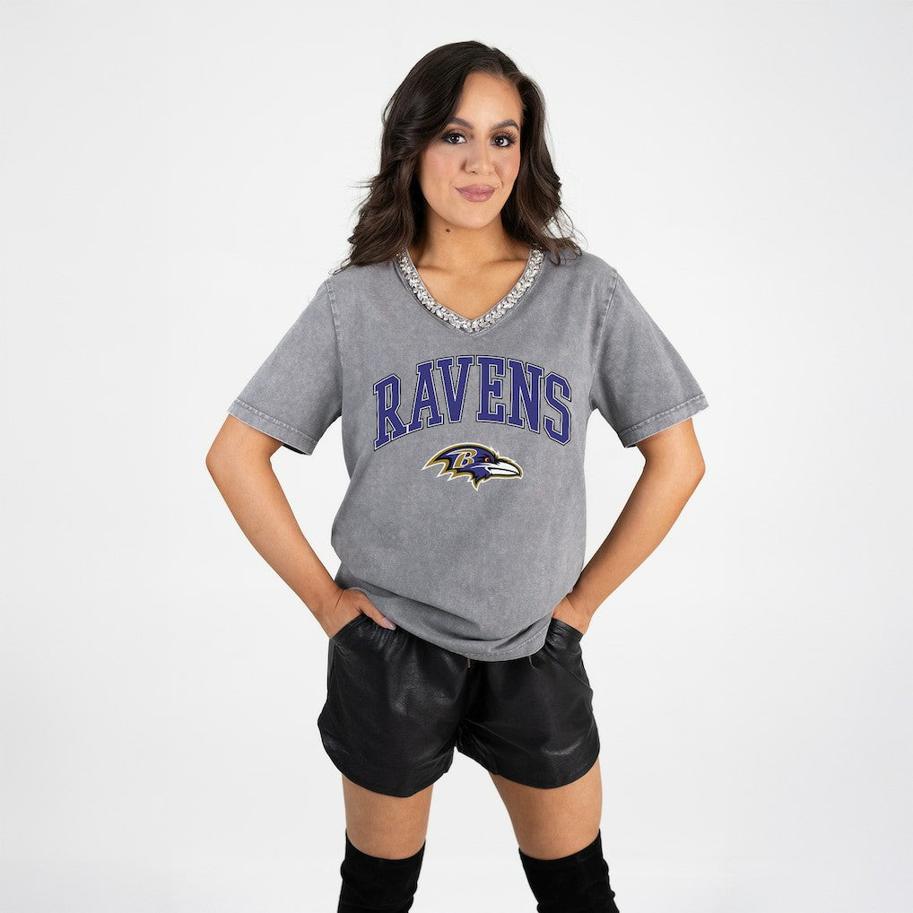 Baltimore Ravens Gameday Couture Women's Relaxed Iconic Edge Rhinestone V-Neck T-Shirt Gray