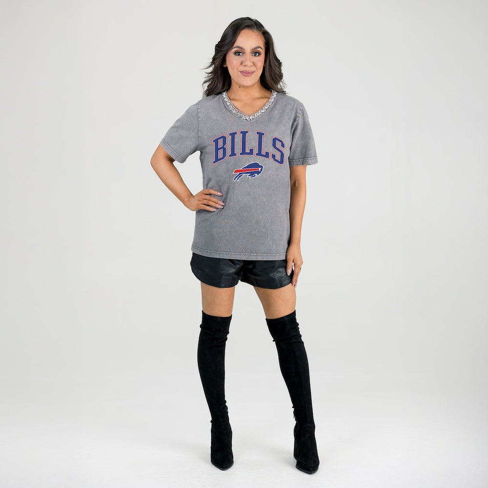 Buffalo Bills Gameday Couture Women's Relaxed Iconic Edge Rhinestone V-Neck T-Shirt Gray
