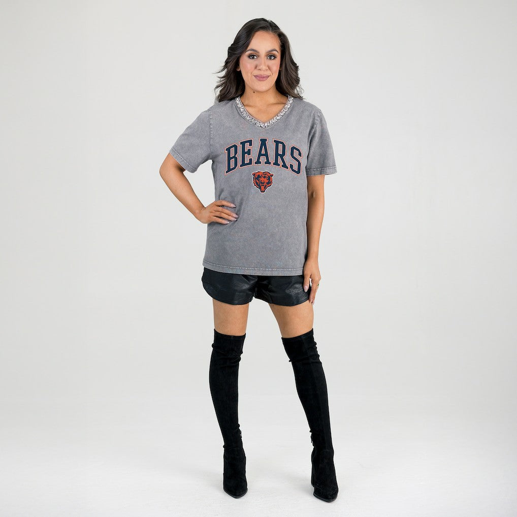 Chicago Bears Gameday Couture Women's Relaxed Iconic Edge Rhinestone V-Neck T-Shirt Gray