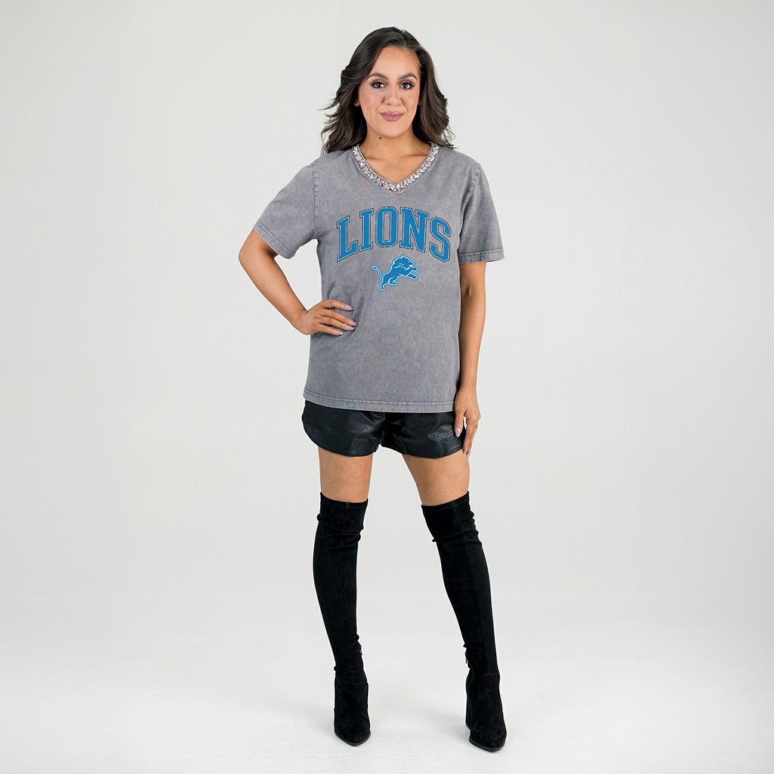 Detroit Lions Gameday Couture Women's Relaxed Iconic Edge Rhinestone V-Neck T-Shirt Gray