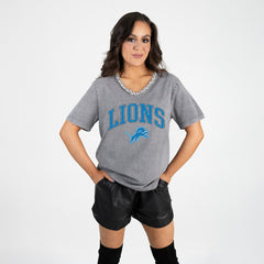Detroit Lions Gameday Couture Women's Relaxed Iconic Edge Rhinestone V-Neck T-Shirt Gray