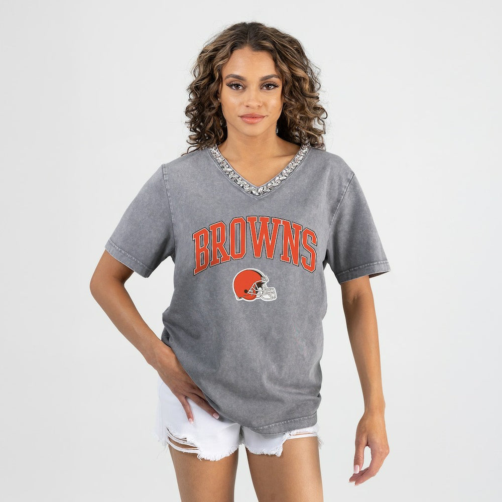 Cleveland Browns Gameday Couture Women's Relaxed Iconic Edge Rhinestone V-Neck T-Shirt Gray