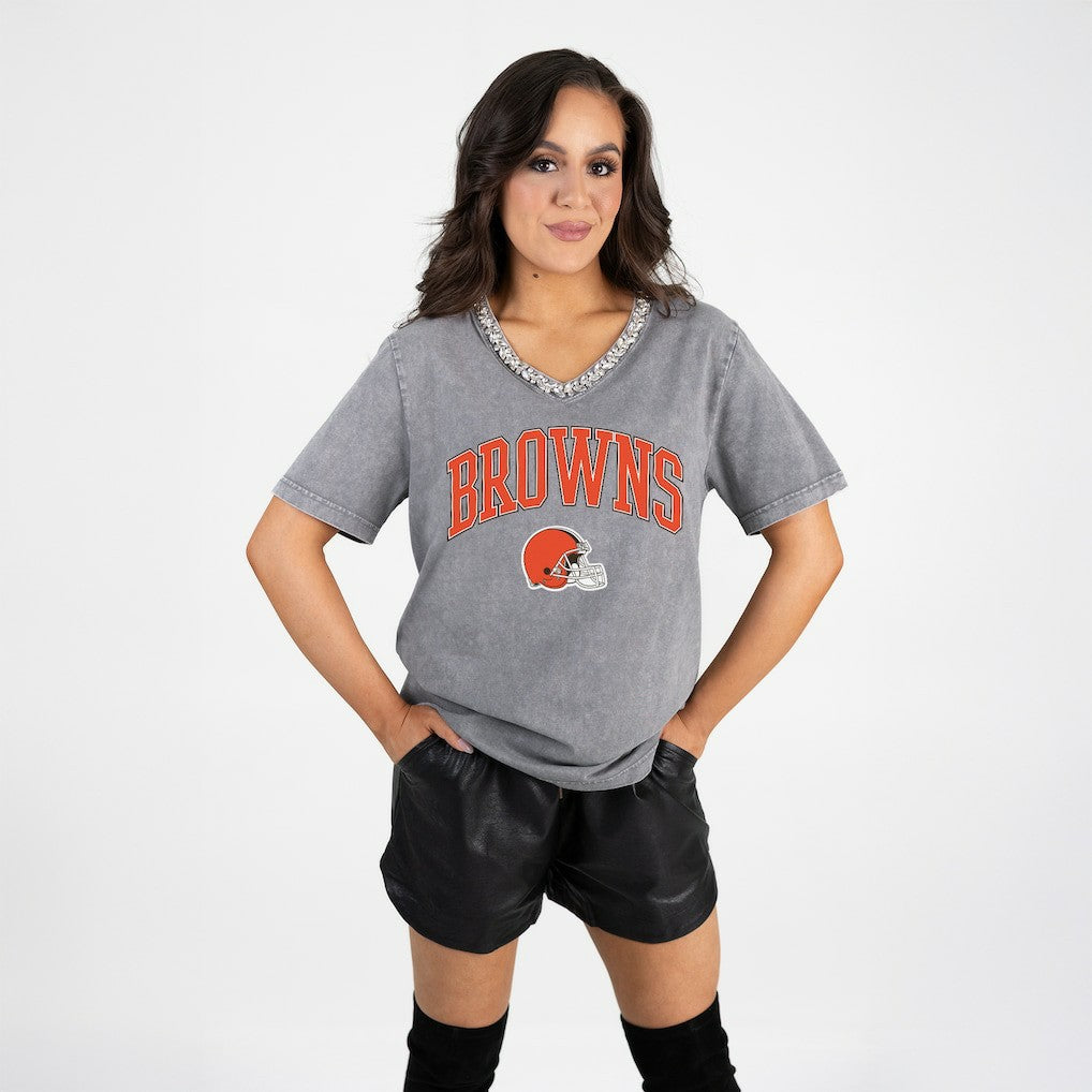 Cleveland Browns Gameday Couture Women's Relaxed Iconic Edge Rhinestone V-Neck T-Shirt Gray
