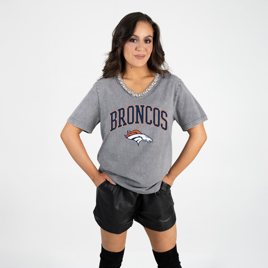 Denver Broncos Gameday Couture Women's Relaxed Iconic Edge Rhinestone V-Neck T-Shirt Gray