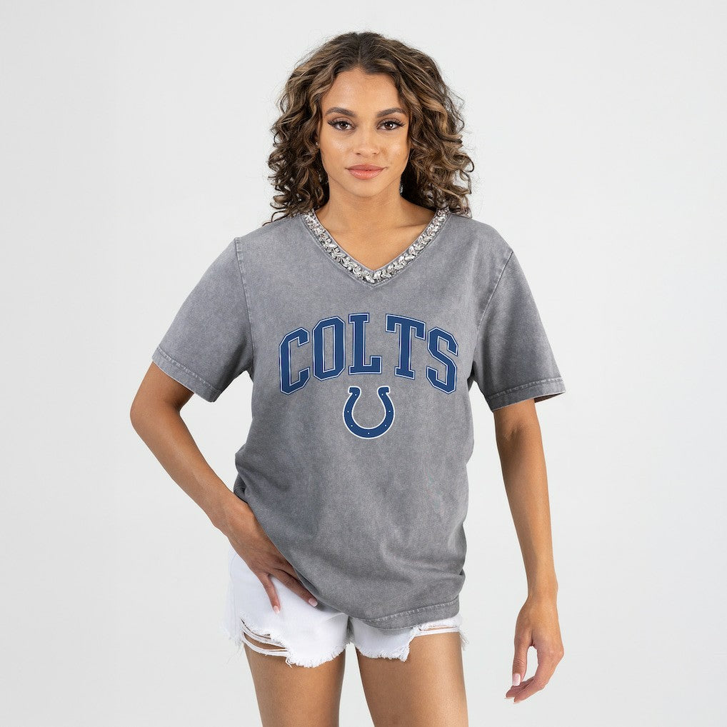 Indianapolis Colts Gameday Couture Women's Relaxed Iconic Edge Rhinestone V-Neck T-Shirt Gray