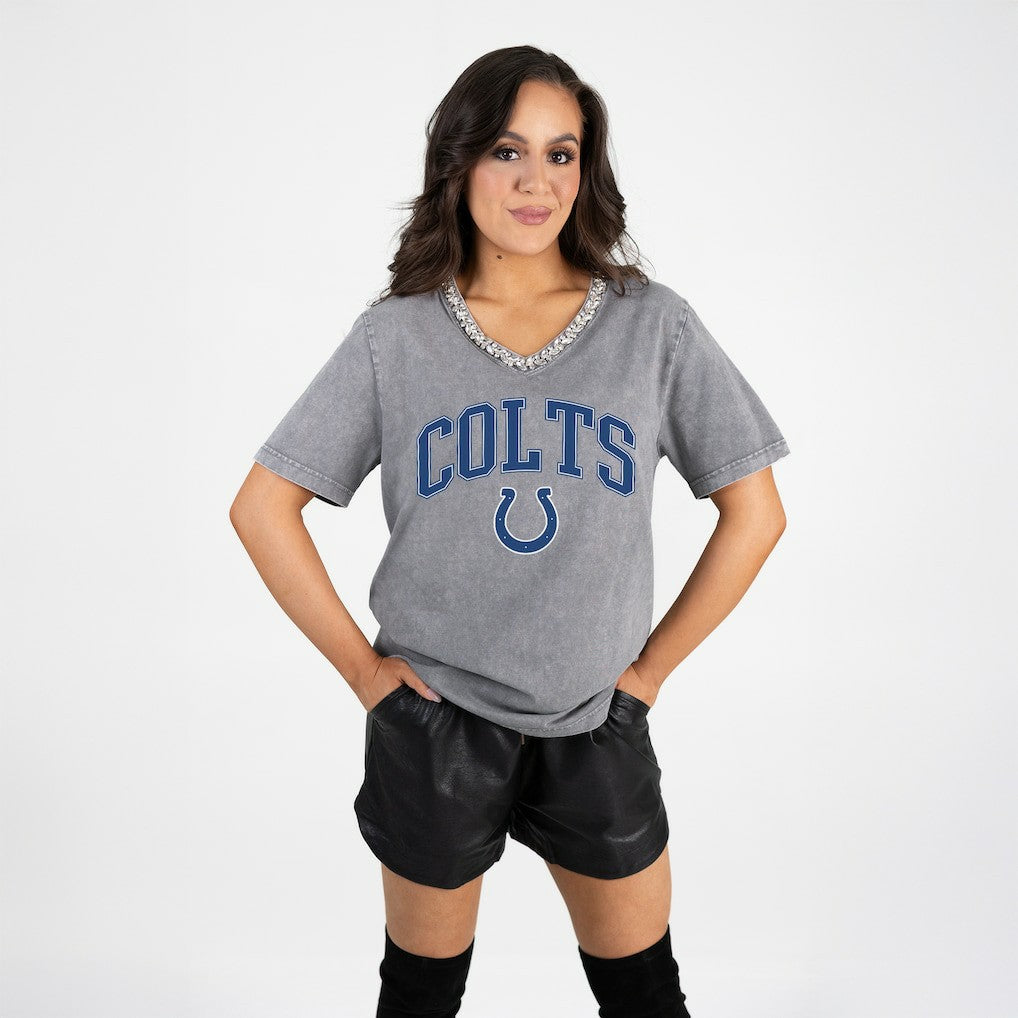 Indianapolis Colts Gameday Couture Women's Relaxed Iconic Edge Rhinestone V-Neck T-Shirt Gray
