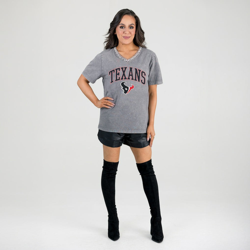 Houston Texans Gameday Couture Women's Relaxed Iconic Edge Rhinestone V-Neck T-Shirt Gray
