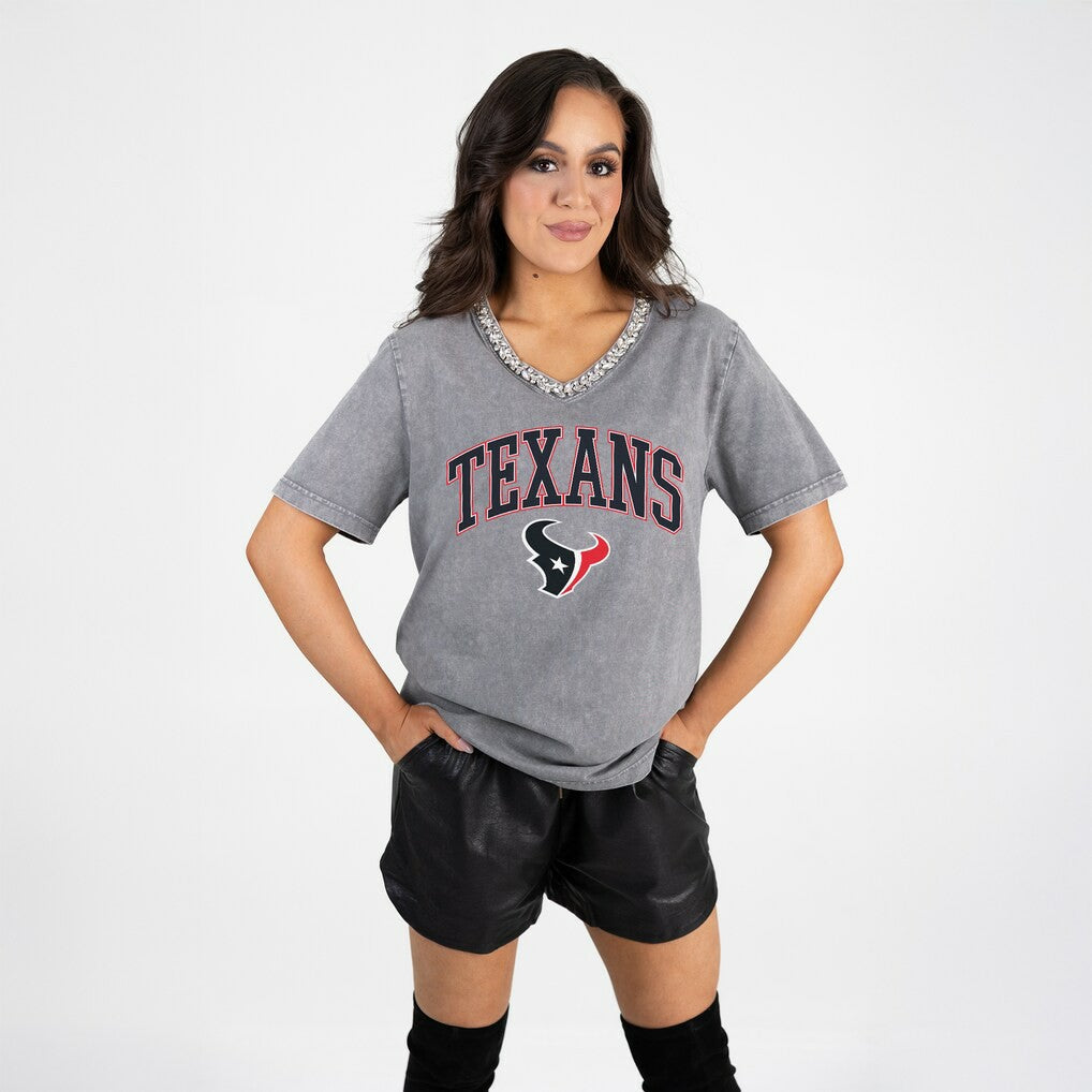 Houston Texans Gameday Couture Women's Relaxed Iconic Edge Rhinestone V-Neck T-Shirt Gray