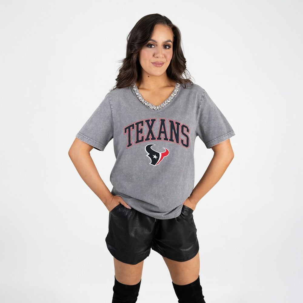 Houston Texans Gameday Couture Women's Relaxed Iconic Edge Rhinestone V-Neck T-Shirt Gray