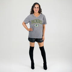 Green Bay Packers Gameday Couture Women's Relaxed Iconic Edge Rhinestone V-Neck T-Shirt Gray