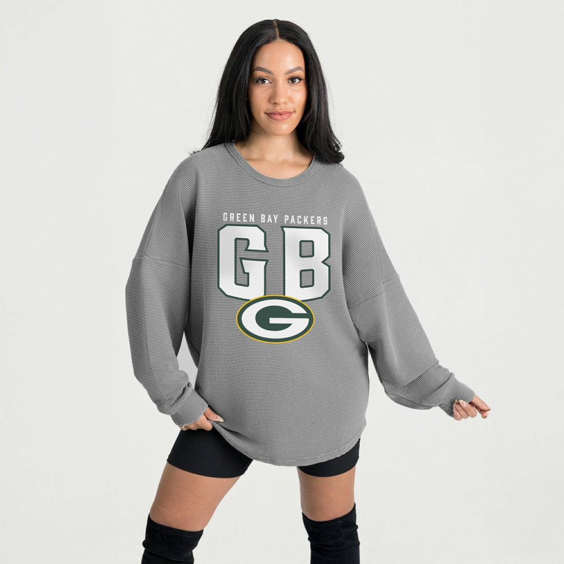 Green Bay Packers Gameday Couture Women's Oversized Pure Motion Corded Sweatshirt Gray