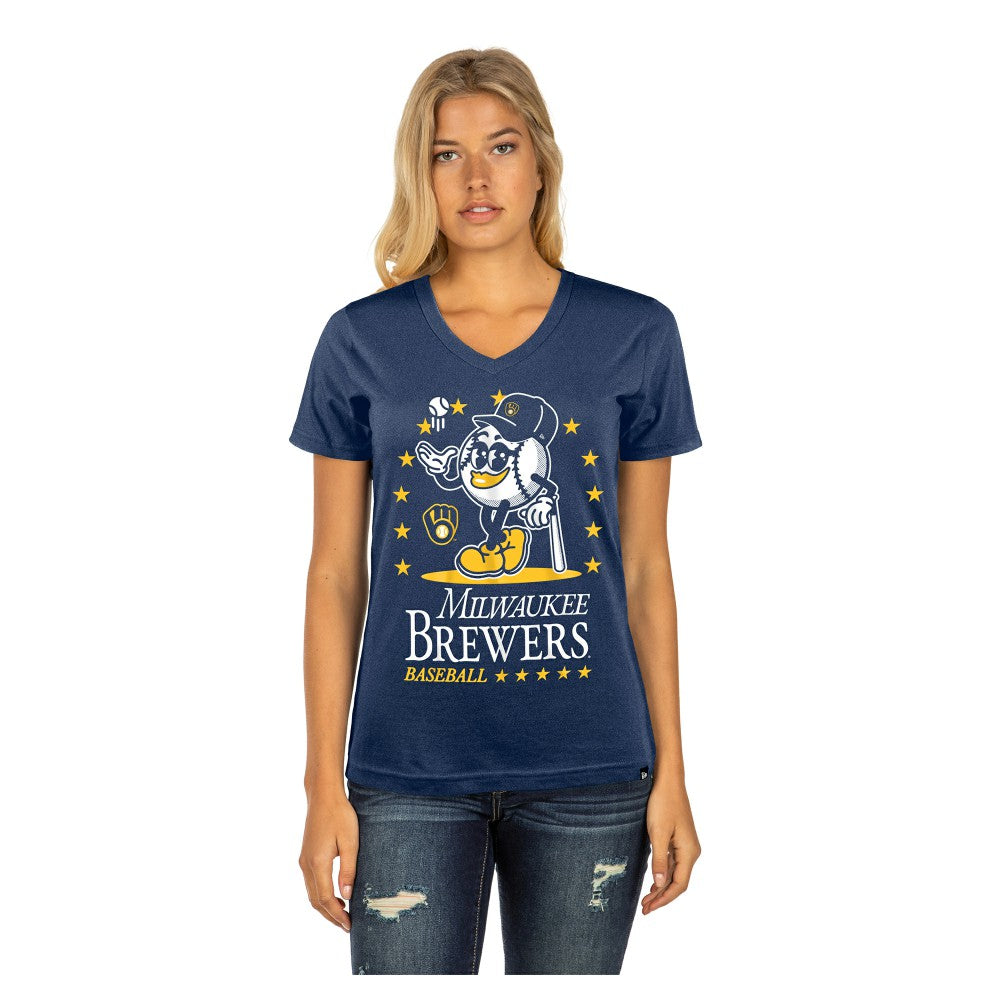 Milwaukee Brewers New Era Women's Little Miss 2 V-Neck T-Shirt - Navy T-shirts