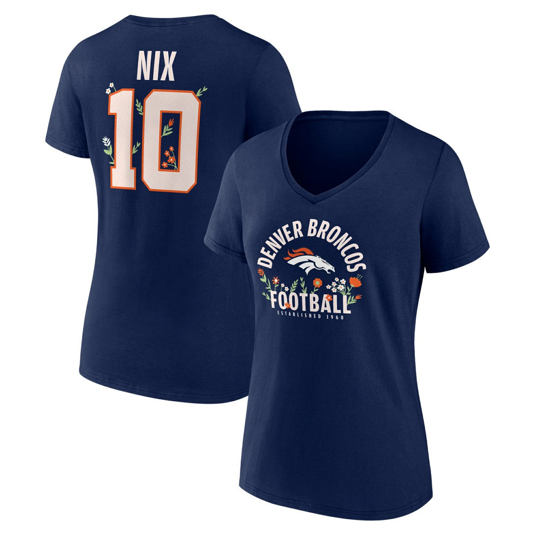 Bo Nix Denver Broncos Women's Floral Name & Number V-Neck T-Shirt Navy