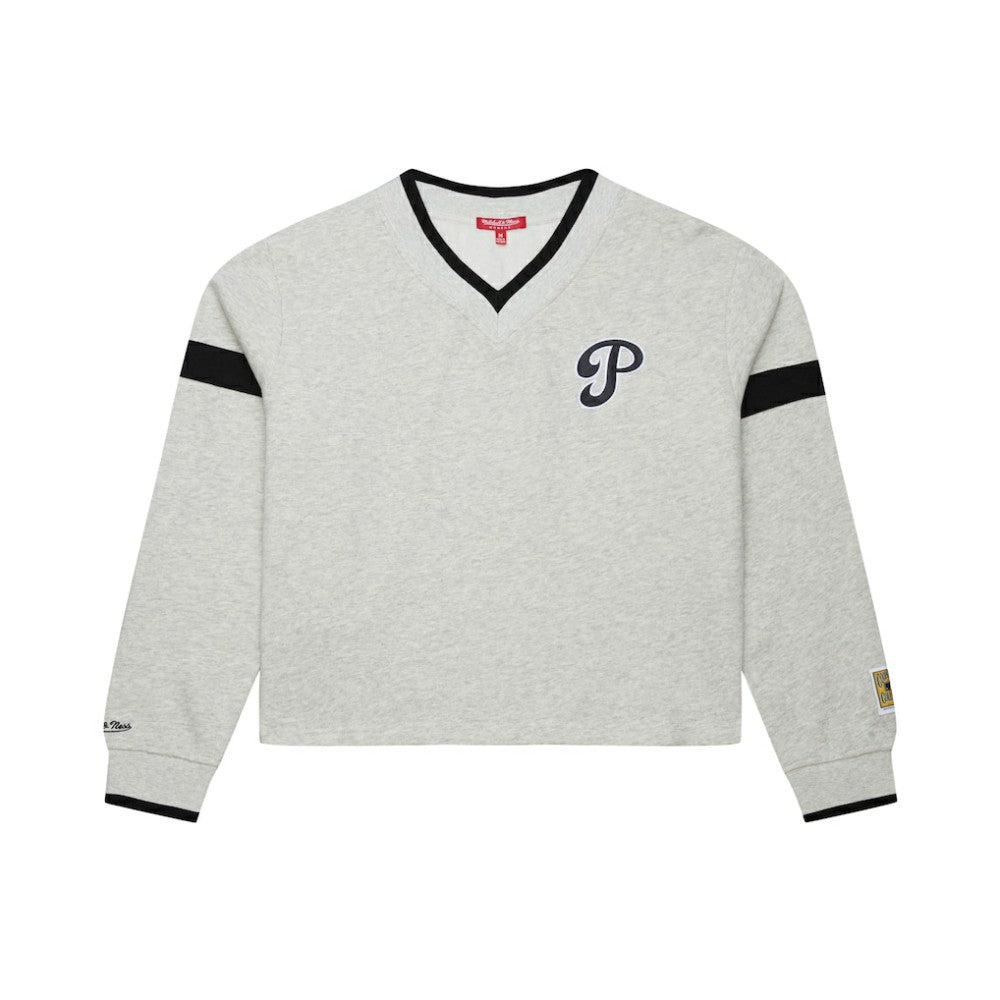 Philadelphia Phillies Mitchell & Ness Women's Cooperstown Collection V-Neck Cropped Toggle Sweatshirt - Heather Gray Sweatshirts