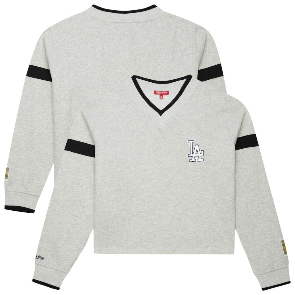 Los Angeles Dodgers Mitchell & Ness Women's Cooperstown Collection V-Neck Cropped Toggle Sweatshirt - Heather Gray Sweatshirts