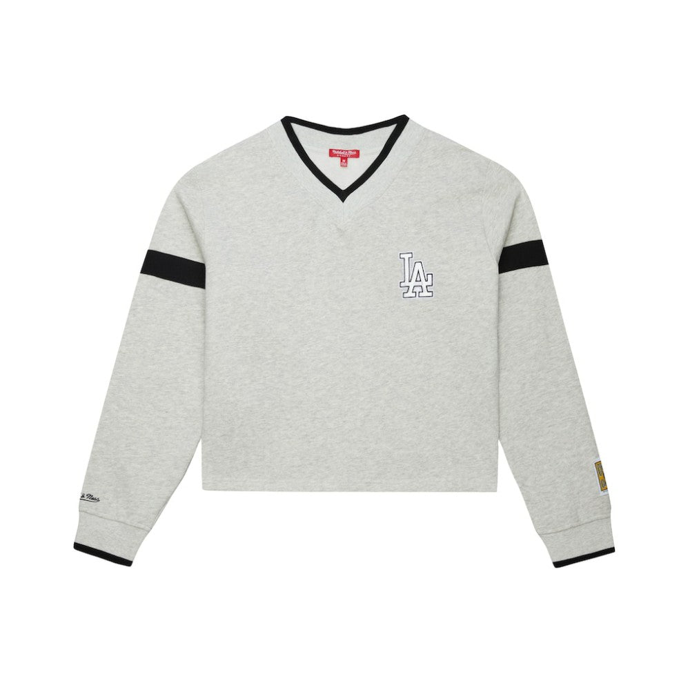 Los Angeles Dodgers Mitchell & Ness Women's Cooperstown Collection V-Neck Cropped Toggle Sweatshirt - Heather Gray Sweatshirts