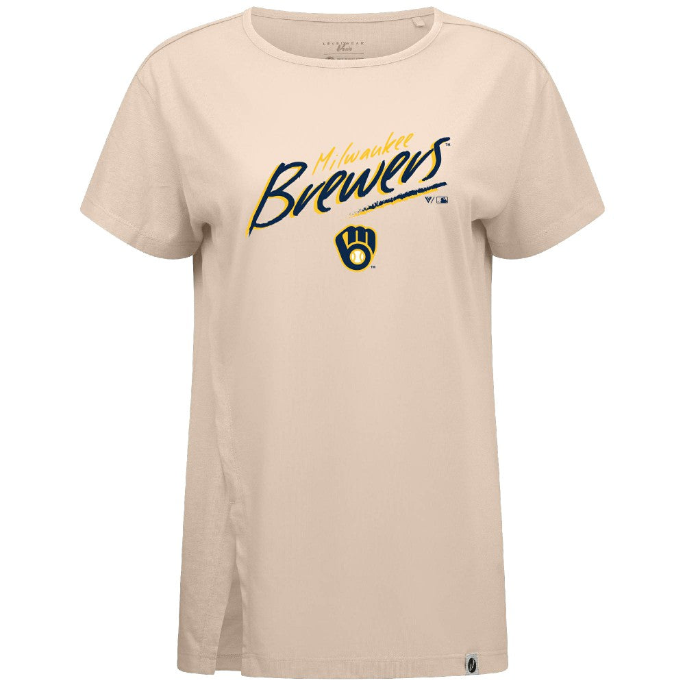 Milwaukee Brewers Levelwear Women's Influx Sizzle T-Shirt - Khaki T-shirts