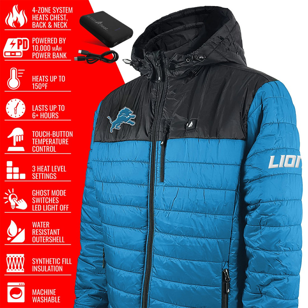 Detroit Lions ActionHeat 5V Battery Heated Colorblock Full-Zip Puffer Jacket Black/Blue