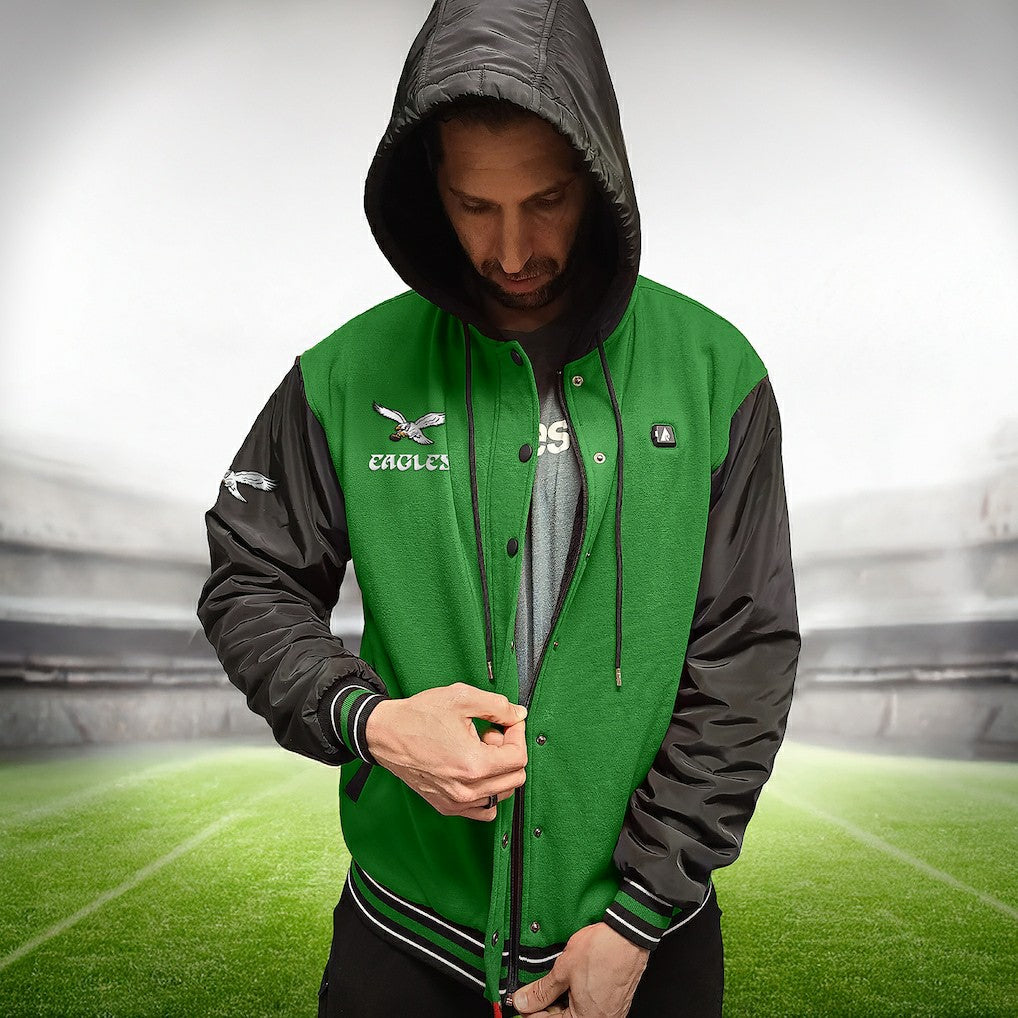 Philadelphia Eagles ActionHeat 5V Battery Heated Full-Snap Varsity Jacket Kelly Green/Black