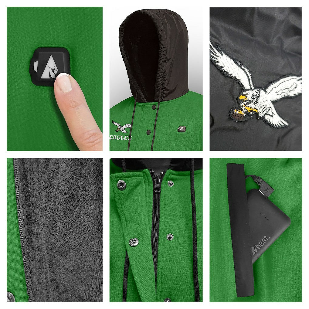 Philadelphia Eagles ActionHeat 5V Battery Heated Full-Snap Varsity Jacket Kelly Green/Black