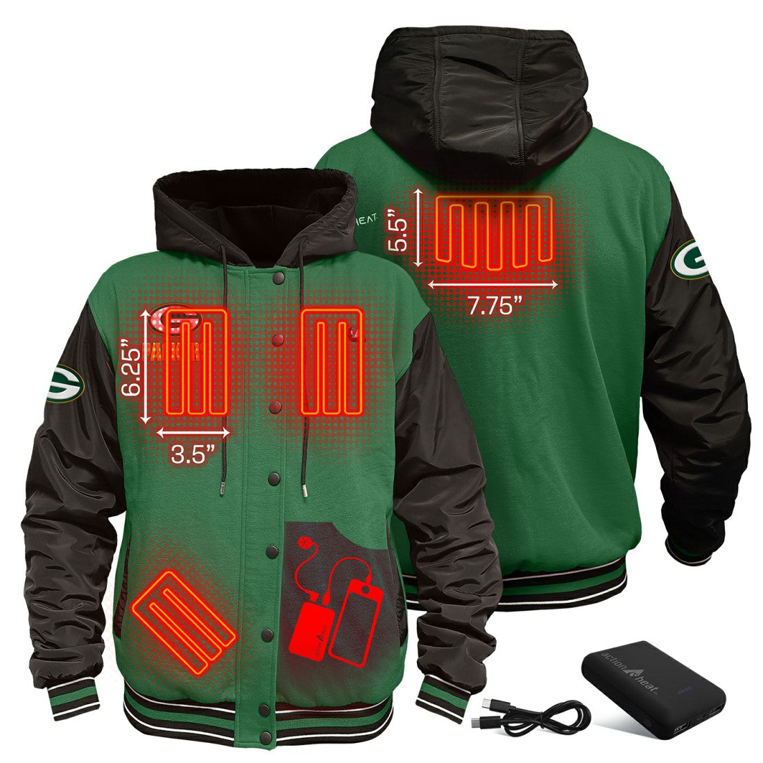 Green Bay Packers ActionHeat 5V Battery Heated Full-Snap Varsity Jacket Green/Black