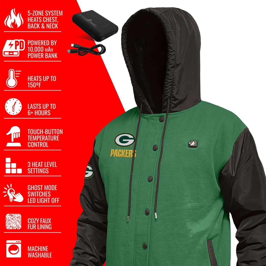 Green Bay Packers ActionHeat 5V Battery Heated Full-Snap Varsity Jacket Green/Black