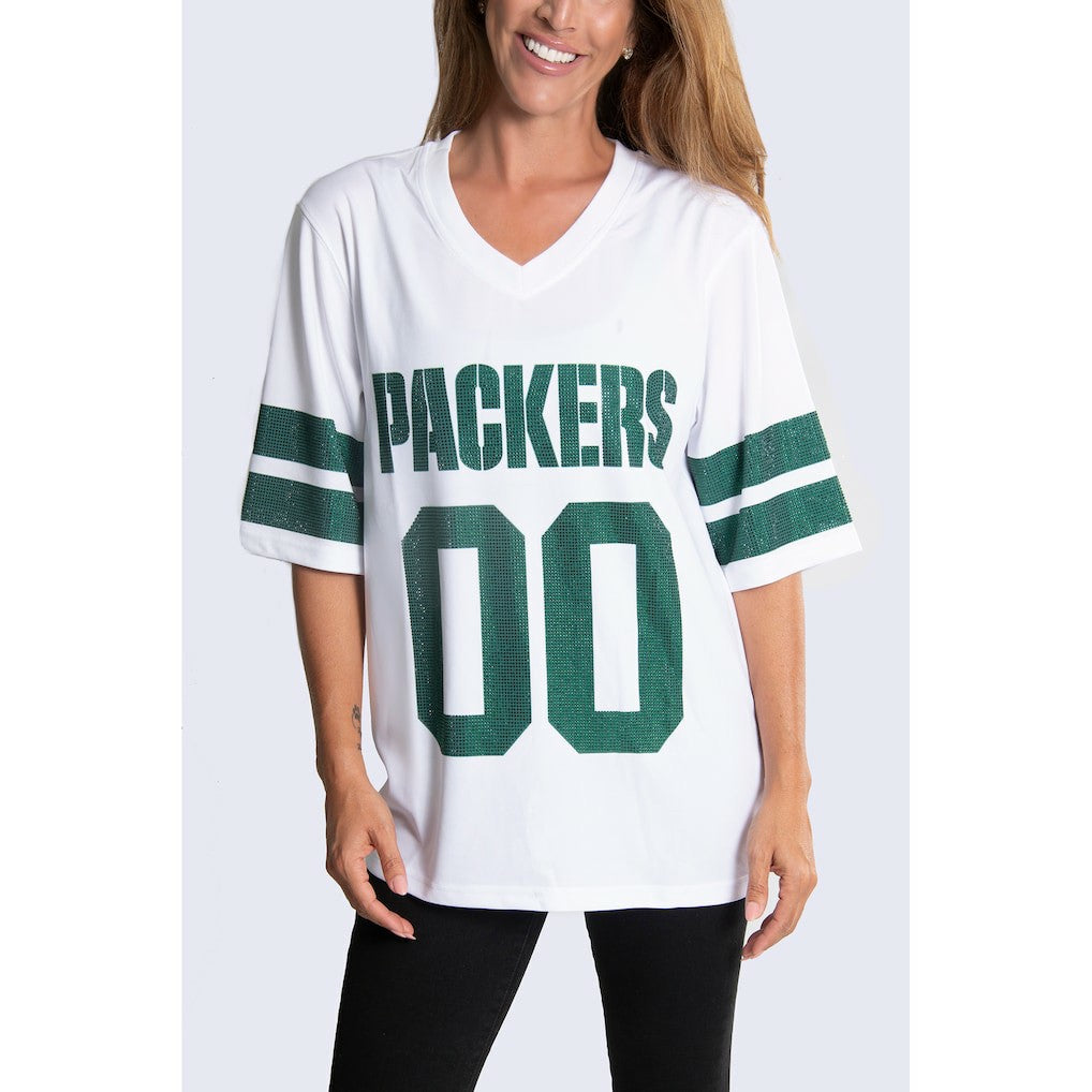 Green Bay Packers Cuce Women's Rhinestone V-Neck Tunic White