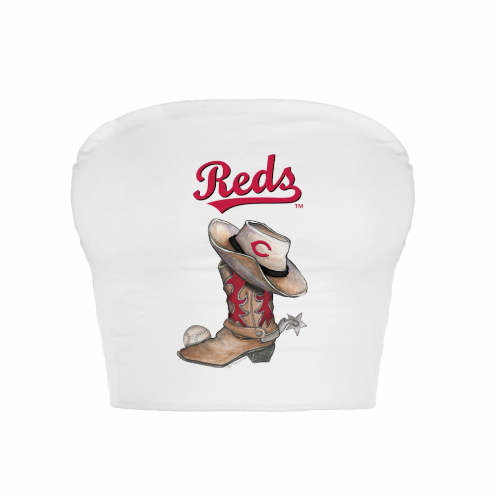 Cincinnati Reds Tiny Turnip Women's Cowboy Boot Crop Tube Top - White Tops