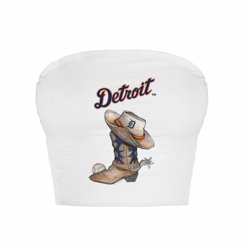 Detroit Tigers Tiny Turnip Women's Cowboy Boot Crop Tube Top - White Tops