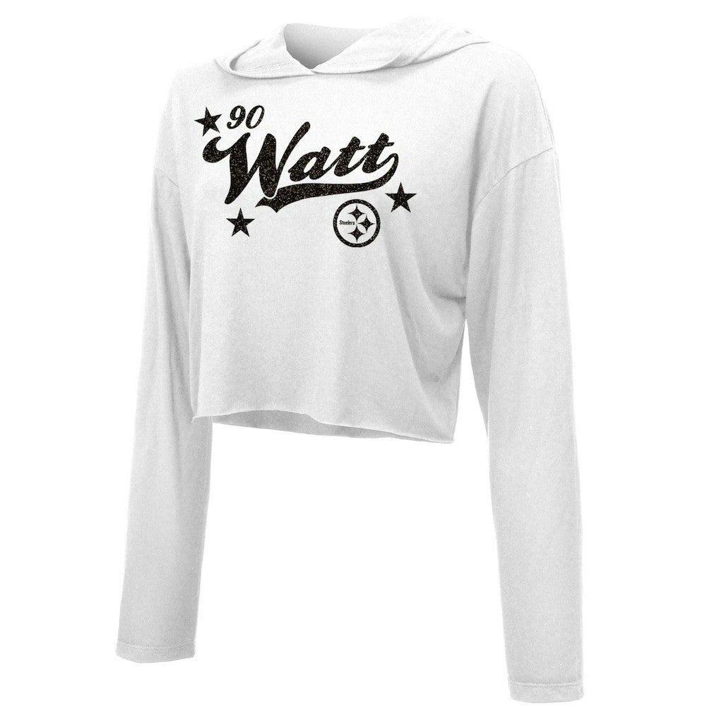T.J. Watt Pittsburgh Steelers Majestic Threads Women's Glitter Wordmark Hoodie White