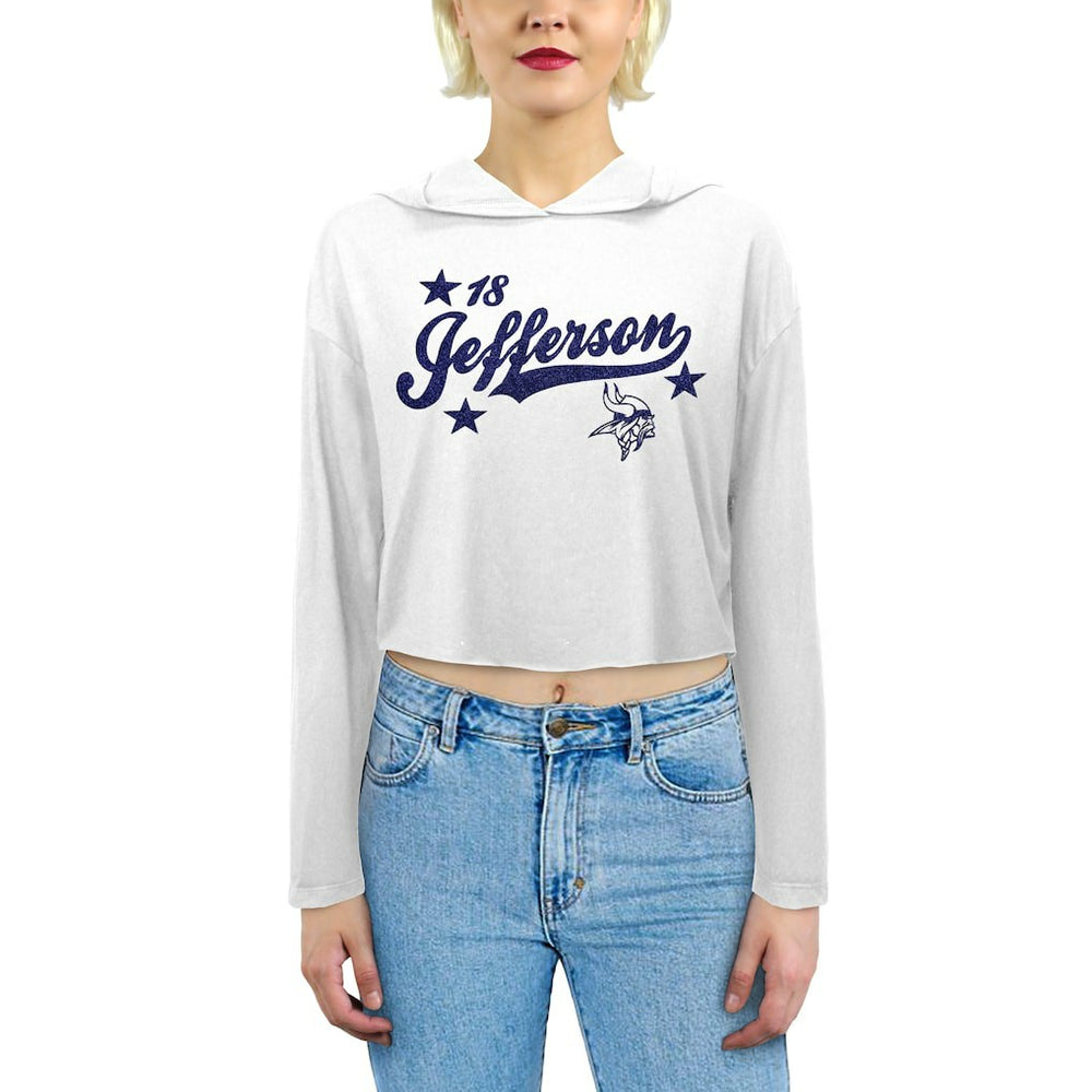 Justin Jefferson Minnesota Vikings Majestic Threads Women's Glitter Wordmark Hoodie White