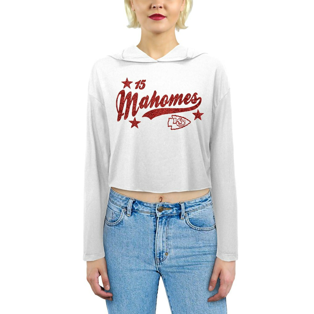 Patrick Mahomes Kansas City Chiefs Majestic Threads Women's Glitter Wordmark Hoodie White