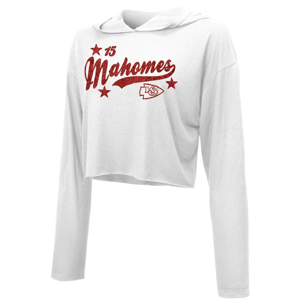 Patrick Mahomes Kansas City Chiefs Majestic Threads Women's Glitter Wordmark Hoodie White
