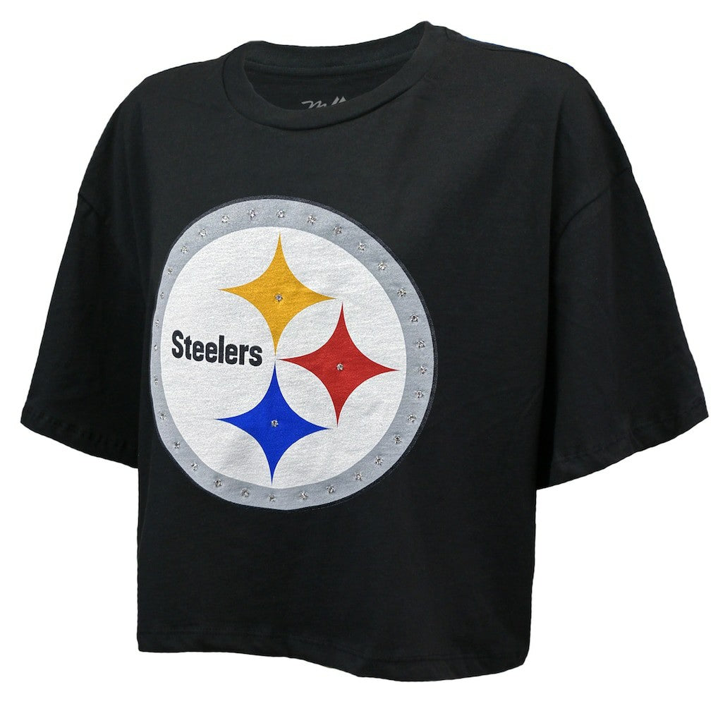 T.J. Watt Pittsburgh Steelers Majestic Threads Women's Swarovski Crystals Boxy Cropped Name & Number T-Shirt Black