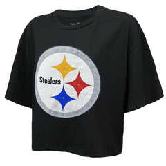 T.J. Watt Pittsburgh Steelers Majestic Threads Women's Swarovski Crystals Boxy Cropped Name & Number T-Shirt Black