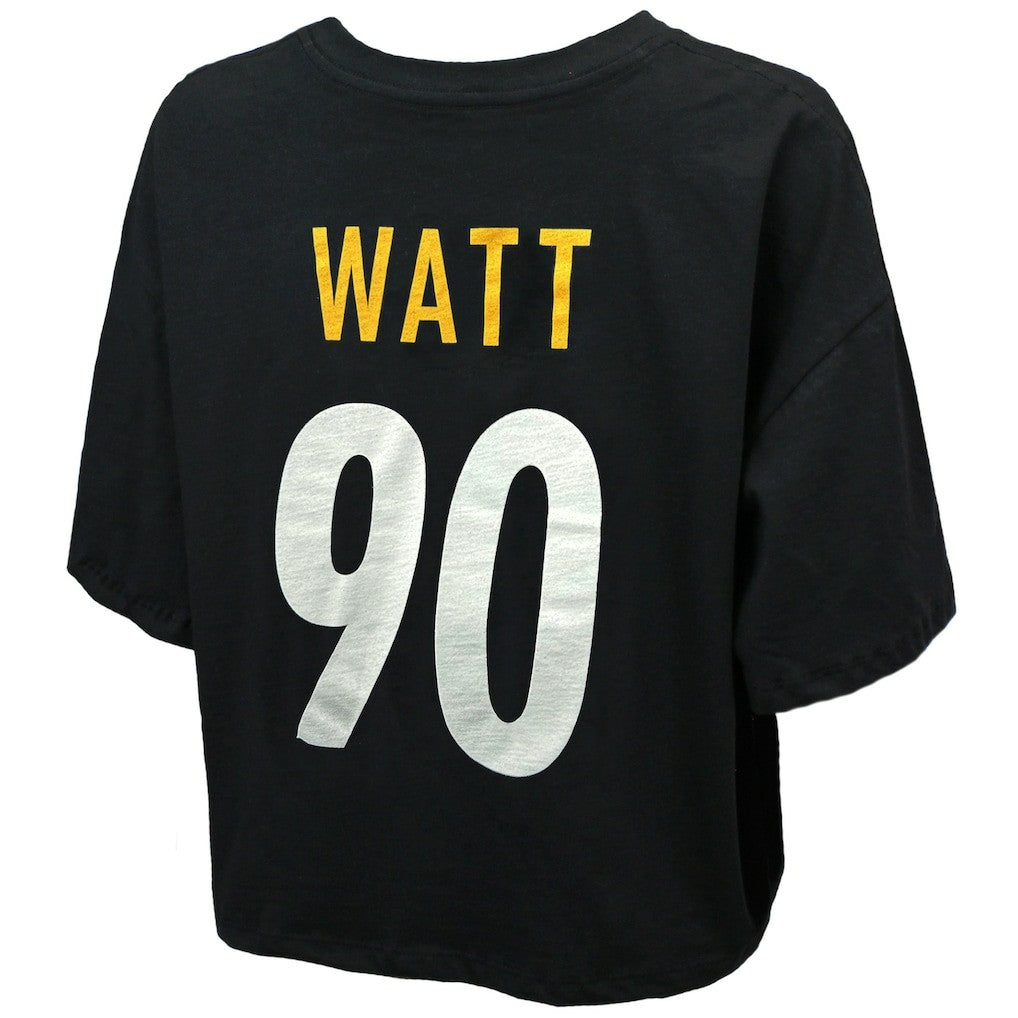 T.J. Watt Pittsburgh Steelers Majestic Threads Women's Swarovski Crystals Boxy Cropped Name & Number T-Shirt Black