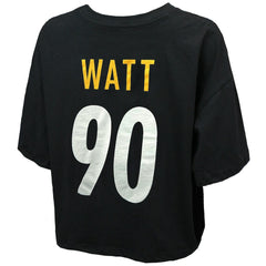 T.J. Watt Pittsburgh Steelers Majestic Threads Women's Swarovski Crystals Boxy Cropped Name & Number T-Shirt Black