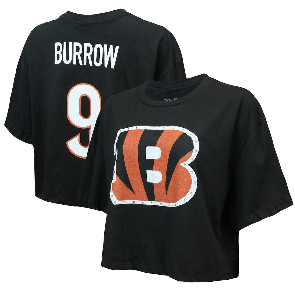 Joe Burrow Cincinnati Bengals Majestic Threads Women's Swarovski Crystals Boxy Cropped Name & Number T-Shirt Black