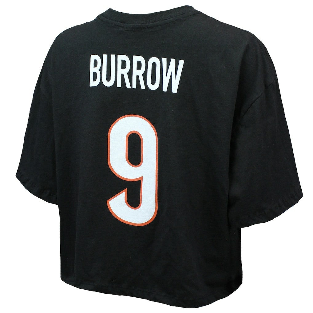 Joe Burrow Cincinnati Bengals Majestic Threads Women's Swarovski Crystals Boxy Cropped Name & Number T-Shirt Black