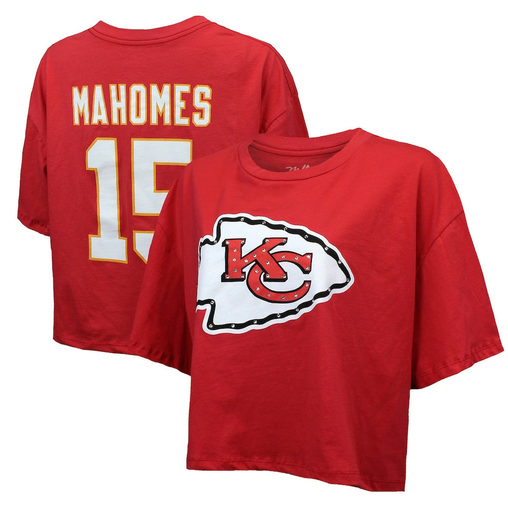 Patrick Mahomes Kansas City Chiefs Majestic Threads Women's Swarovski Crystals Boxy Cropped Name & Number T-Shirt Red