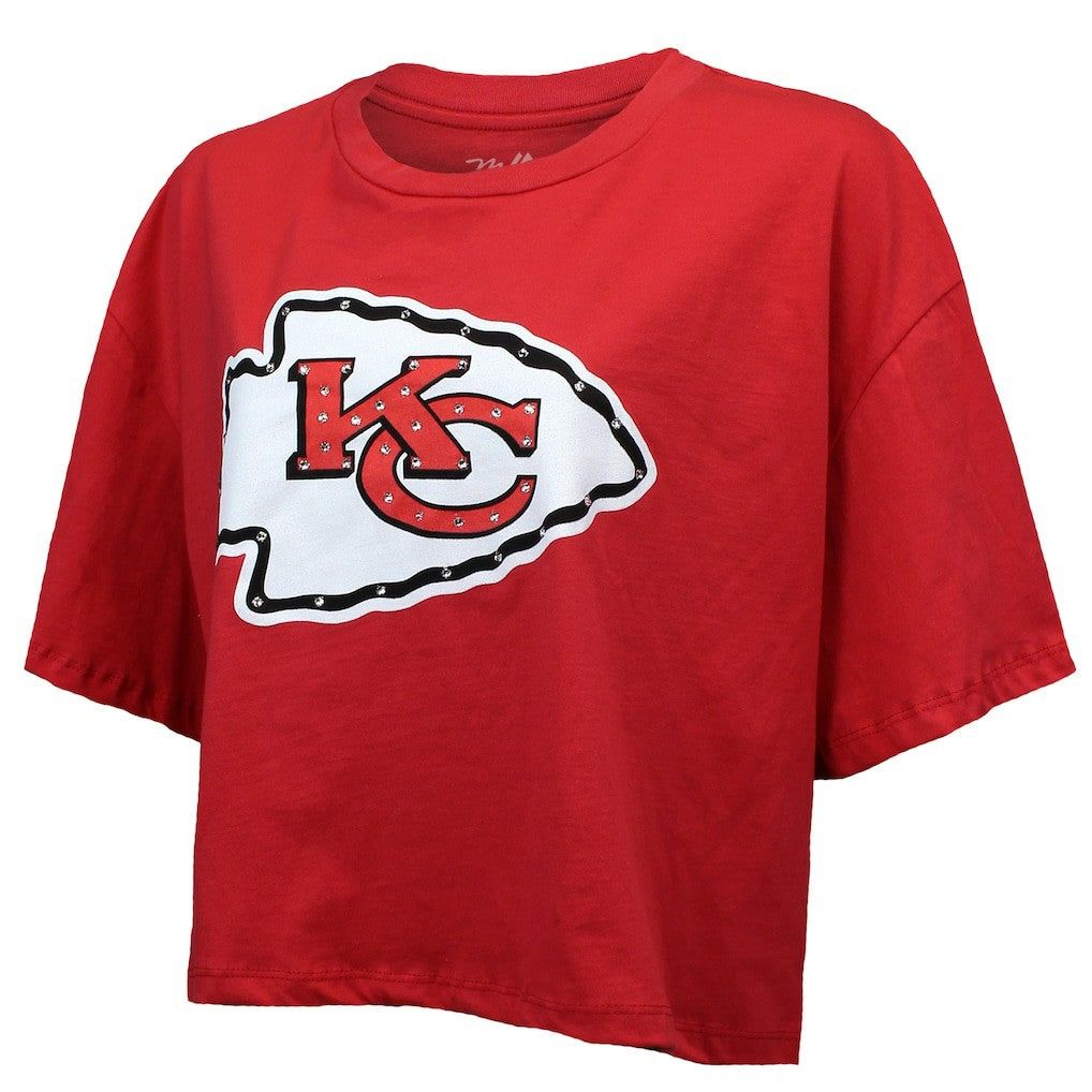 Patrick Mahomes Kansas City Chiefs Majestic Threads Women's Swarovski Crystals Boxy Cropped Name & Number T-Shirt Red