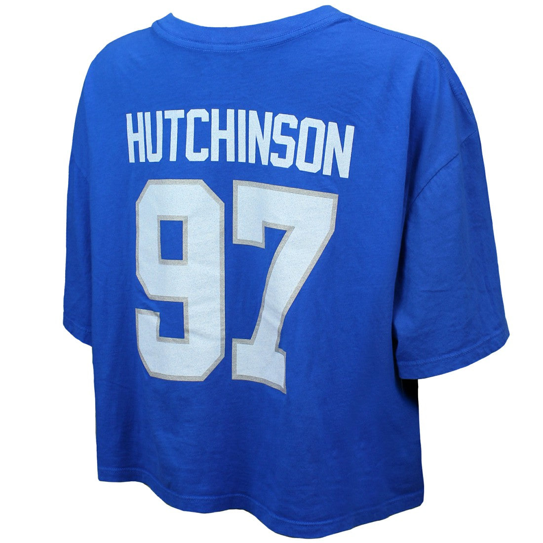 Aidan Hutchinson Detroit Lions Majestic Threads Women's Swarovski Crystals Boxy Cropped Name & Number T-Shirt Blue