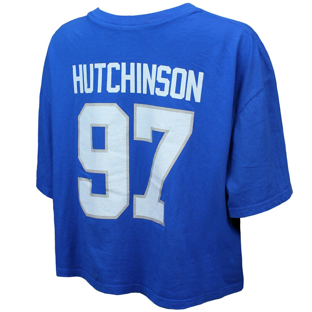 Aidan Hutchinson Detroit Lions Majestic Threads Women's Swarovski Crystals Boxy Cropped Name & Number T-Shirt Blue