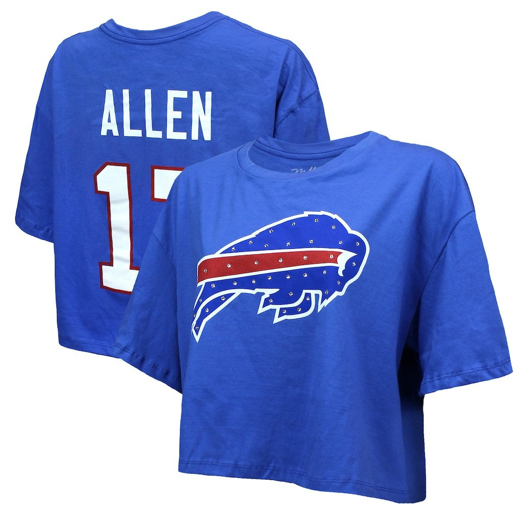 Josh Allen Buffalo Bills Majestic Threads Women's Swarovski Crystals Boxy Cropped Name & Number T-Shirt Royal