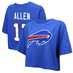 Josh Allen Buffalo Bills Majestic Threads Women's Swarovski Crystals Boxy Cropped Name & Number T-Shirt Royal