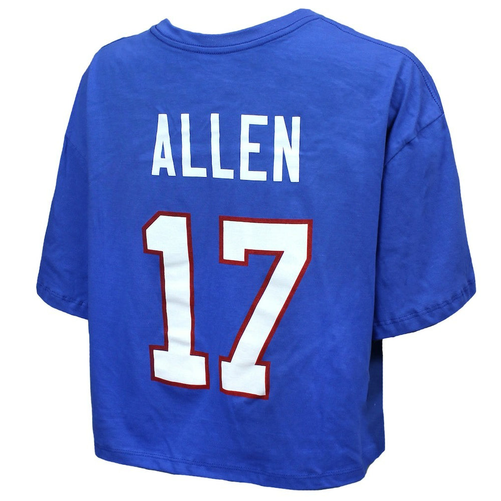Josh Allen Buffalo Bills Majestic Threads Women's Swarovski Crystals Boxy Cropped Name & Number T-Shirt Royal